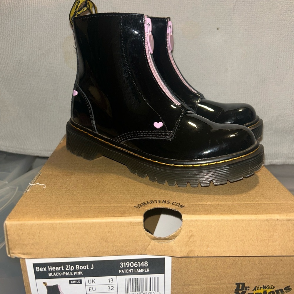 Dr. Martens Black Patent Boots with Pink Heart Accents